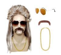 ATSNOSH Set of 4 Men's Mullet Wig, 70s 80s Outfit, Mullet Wig, Hippie Costume Set, 80s Disco Hippie Accessories, for Cosplay, Halloween Theme Party (Light Brown)