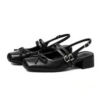 Atsroel Mary Jane for Women Slingback Pumps Ballet Chunky Heel Closed Square Toe Pumps Satin Wedding Shoes Party Low Block Heel Bow Office Work Shoes, A-black Blackmatte, 6 UK