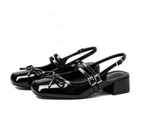 Atsroel Mary Jane for Women Slingback Pumps Ballet Chunky Heel Closed Square Toe Pumps Satin Wedding Shoes Party Low Block Heel Bow Office Work Shoes, A-black Patent, 5.5 UK