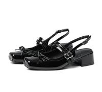 Atsroel Mary Jane for Women Slingback Pumps Ballet Chunky Heel Closed Square Toe Pumps Satin Wedding Shoes Party Low Block Heel Bow Office Work Shoes, A-black Patent, 6 UK