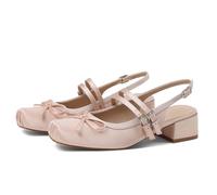 Atsroel Mary Jane for Women Slingback Pumps Ballet Chunky Heel Closed Square Toe Pumps Satin Wedding Shoes Party Low Block Heel Bow Office Work Shoes, A-nude, 5.5 UK