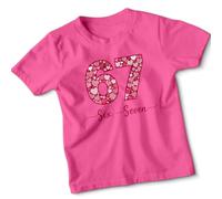 ATTAR APPAREL Sixty Seven Six Seven 67th Birthday Celebration Kids T-Shirt Milestone Hearts Design 14-15 Years Fuchsia