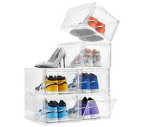Attelite Drop Front Plastic Shoe Box with Clear Door,Set of 6,Stackable,For Display Sneakers,Easy Assembly,Fit up to US Size 12(13.4”x 10.6”x 7.4”)