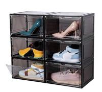 Attelite Large Clear Shoe Box Storage Organizer Plastic Stackable Shoe Containers with Magnetic Door, Side Open Shoe Storage Box for Display Sneakers, Easy Assembly（Black）