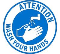 Attention. Wash your hands. Floor sticker with blue border - Self adhesive floor graphic (300mm x 300mm)