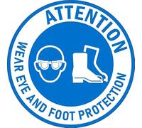 Attention. Wear Eye and Foot Protection. Floor sticker with blue border - Self adhesive floor graphic (200mm x 200mm)
