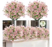 ATTGREAT Artificial Flowers Outdoor Faux Plants UV Resistant Fake Patio Flowers Plastic Greenery Plnats Outside Bulk for Spring Garden Hanging Planter Home Vase Decor, 12 Bundles (Pink)