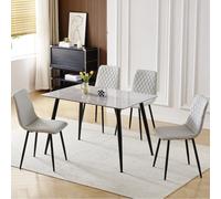 attica grey sintered stone dining table with 4 light grey chairs