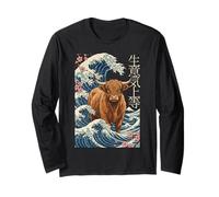Attitude Highland Cow Great Wave Japanese Ukiyo-e Aesthetic Long Sleeve T-Shirt