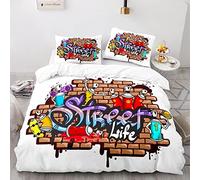 AtTrex Hip Hop Duvet Cover Set With Zipper With Two Pillowcases 50X75Cm Soft And Comfortable 3D Printing Graffiti 3D Bedding Set Hypoallergenic Superfine Fiber Single Duvet Cover Set 135X200Cm
