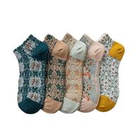 Attria 5 Pair Womens Floral Socks Cottagecore Vintage Embroidered Patterned Thin Mesh Elastic Crew Socks Cotton Lolita Socks, Multicolor, One Size