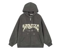 Attria Grunge Letter Embroidery Full Zip Coats Emo Baggy Acubi Hoodies for Women Preppy Long Sleeve Hooded Sweatshirts, Grey, L