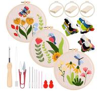 Attuslla 3 Set Embroidery Starter Kits for Beginner, Punch Needle Kit with Instruction, Plastic Hoop, Yarns and Embroidery Handle Needle Pen (Butterfly, Dragonfly and Bird)