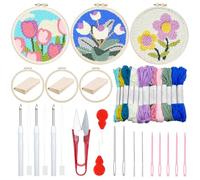 Attuslla 3 Set Punch Needle Embroidery Starter Kits, Punch Needle Cloth with Pattern, Plastic Hoop, Yarn, Needle Pen and Instruction for Beginner (White, Pink and Purple Flowers)