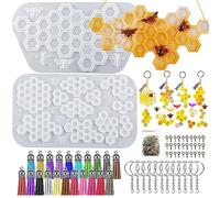 Attuslla Coaster Silicone Resin Kits Honeycomb Shape Resin Pendant Molds Silicone with Keychain Tassels, Eye Screw Pins for DIY Keychain, Coaster