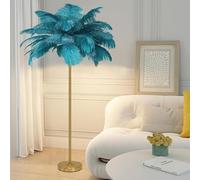 Atwnjkp Feather Lamp,Ostrich Feather Floor Lamp,Gold Finish,Modern Feather Standing Light with Foot Switch and Blue Lampshade,Ostrich Feather Lamps for Living Room Bedroom Decoration