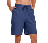 Atxnn Men's Cargo Shorts Cotton Linen Half Pants Summer Loose Casual Sports Short Elasticated Waist Drawstring with Pockets, NAVYBLUE L