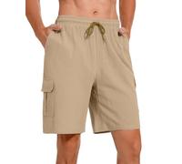 Atxnn Men's Cargo Shorts Cotton Linen Half Pants Summer Loose Casual Sports Short Elasticated Waist Drawstring with Pockets, Khaki 2XL