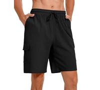 Atxnn Men's Cargo Shorts Cotton Linen Half Pants Summer Loose Casual Sports Short Elasticated Waist Drawstring with Pockets, Black 2XL