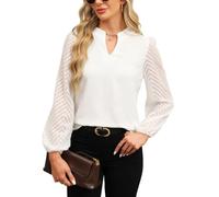 Atxnn Womens Blouse Lace Long Sleeve Tops V-Neck Elegant Shirt Casual Chiffon T-Shirt Loose Solid Color Chic Cuffs Tunic Top for Autumn Spring, White XXL