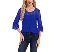 Atxnn Womens Blouses Ruffle 3/4 Sleeve Tunic Tops Casual Crew Neck Shirts Fashion Elegant Double Layers T-Shirts Spring Autumn Blue