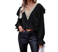 Atxnn Womens Blouses V Neck Tops Long Sleeve Boho Shirts with Lace Trim Loose Fit Flowy Tunic Top for Spring Fall, Black Small