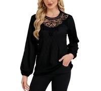 Atxnn Womens Lace Crew Neck Blouses Plain Rhombus Tops Lantern Long Sleeve Shirts Elegant Elastic Cuffs T-Shirts Spring Autumn Black