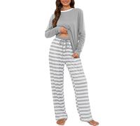 Atxnn Womens Pyjamas Set Cotton Nightwear Round Neck Soft Pjs Striped Pants with Pockets Drawstring Loungewear Comfy for Autumn Winter Spring, GRAY 2XL
