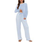 Atxnn Womens Pyjamas Set Cotton Nightwear Round Neck Soft Pjs Striped Pants with Pockets Drawstring Loungewear Comfy for Autumn Winter Spring, LIGHTBLUE M