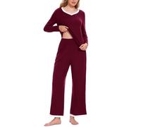 Atxnn Womens Pyjamas Set Soft Nightwear Autumn Winter Pjs Comfy V Neck Loungewear Two Pieces Long Sleeve Long Pant with Pockets for Spring, DARKRED M