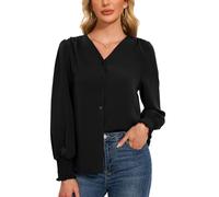 Atxnn Womens Shirt V-Neck Chiffon Blouses Lantern Long Sleeves Tops Button Down Plain Elegant Casual Work Shirts for Autumn Spring, Black L
