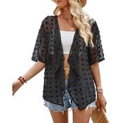 Atxnn Women's Summer Kimono Cardigans Half Sleeve Shrugs for Women UK Loose Fit Open Front Beach Cover Ups with Hairball, Black L