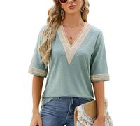 Atxnn Women's T-Shirts Half Sleeve Tops V Neck Blouses Summer Boho Shirts with Lace Trim Elegant Eyelet Tunic Top, DarkGreen XX-Large