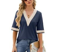 Atxnn Women's T-Shirts Half Sleeve Tops V Neck Blouses Summer Boho Shirts with Lace Trim Elegant Eyelet Tunic Top, NAVYBLUE Large