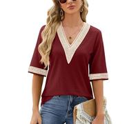 Atxnn Women's T-Shirts Half Sleeve Tops V Neck Blouses Summer Boho Shirts with Lace Trim Elegant Eyelet Tunic Top, WineRed X-Large