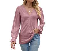 Atxnn Womens Tops Lace V Neck Blouses Elegant Eyelet Shirts Long Sleeve Tunic Top with Ruffled Cuffs for Spring Fall, Pinkish XX-Large