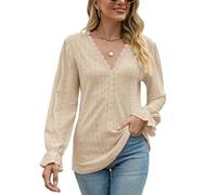 Atxnn Womens Tops Lace V Neck Blouses Elegant Eyelet Shirts Long Sleeve Tunic Top with Ruffled Cuffs for Spring Fall, Apricot Small