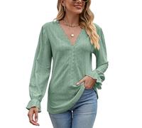 Atxnn Womens Tops Lace V Neck Blouses Elegant Eyelet Shirts Long Sleeve Tunic Top with Ruffled Cuffs for Spring Fall, Beangreen X-Large