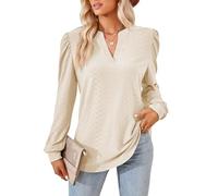 Atxnn Womens Tops V Neck Shirts Puff Long Sleeve Blouses Elegant Jacquard Tunic Top Comfortable for Spring Fall, Apricot XX-Large