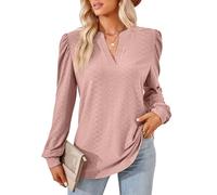 Atxnn Womens Tops V Neck Shirts Puff Long Sleeve Blouses Elegant Jacquard Tunic Top Comfortable for Spring Fall, DarkPink X-Large