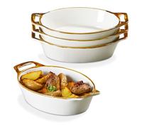 Au Gratin Baking Dish, Ceramic Oval Baking Dishes with Handles, 20 oz Small Casserole Dishes for Oven, 6x8 Individual Baking Dishes for Oven, Single Serving Dishes for 1-2 People, Set of 4, Brown Rim