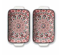 Au Gratin Baking Dish, Single Serving Dish Set of 2 with Handle, Ceramic Casserole Dish for Oven, Vintage Bohemian Bakeware for Fruit, Salads, Desserts, 8.8 Inch, Small Individual (Rectangular)