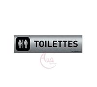 AUA SIGNALETIQUE - Plaque Aluminium brossé imprimé AluSign DARK - 200x50 mm - Double Face adhésif au dos (Toilettes H/F)