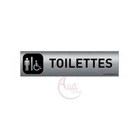 AUA SIGNALETIQUE - Plaque Aluminium brossé imprimé AluSign DARK - 200x50 mm - Double Face adhésif au dos (Toilettes H/handicap)
