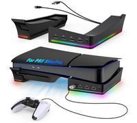 Auarte 2023 RGB Horizontal Stand for PS5 Slim Console Accessories with 14 Light Mode and 4 USB Hubs, Side Stand for PlayStation 5 Slim Disc & Digital, Base Holder with Fast Controller Charging, Black, AP5S2B