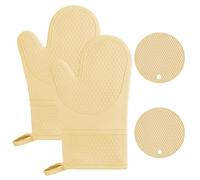 AUAUY 1 Pair Oven Mitts, Silicone Oven Gloves Heat Resistant 464°F, Apricot | Non-Slip Silicone BBQ Glove, Waterproof Cooking Gloves with 2 Potholders, Oven Glove for Barbecue Kitchen Baking Microwave