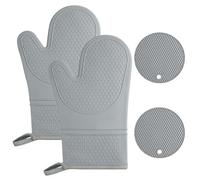 AUAUY 1 Pair Oven Mitts, Silicone Oven Gloves Heat Resistant 464°F, Grey | Non-Slip Silicone BBQ Gloves, Waterproof Cooking Gloves with 2 Potholders, Oven Gloves for Barbecue Kitchen Baking Microwave
