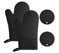AUAUY 1 Pair Oven Mitts, Silicone Oven Gloves Heat Resistant 464°F, Non-Slip Silicone BBQ Gloves, Waterproof Cooking Gloves with 2 Potholders, Oven Gloves for Barbecue Kitchen Baking Microwave, Black