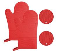 AUAUY 1 Pair Oven Mitts, Silicone Oven Gloves Heat Resistant 464°F, Red | Non-Slip Silicone BBQ Glove, Waterproof Cooking Gloves with 2 Potholders, Oven Glove for Barbecue Kitchen Baking Microwave