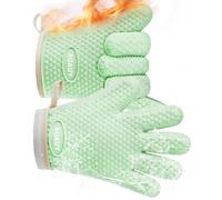 AUAUY 1 Pair Silicone Oven Gloves, Silicone & Cotton Double Layer Heat Resistant 446°F BBQ Gloves with Fingers, Non-Slip Kitchen Cooking Oven Gloves for Grilling Kitchen Baking Oven Microwave, Green